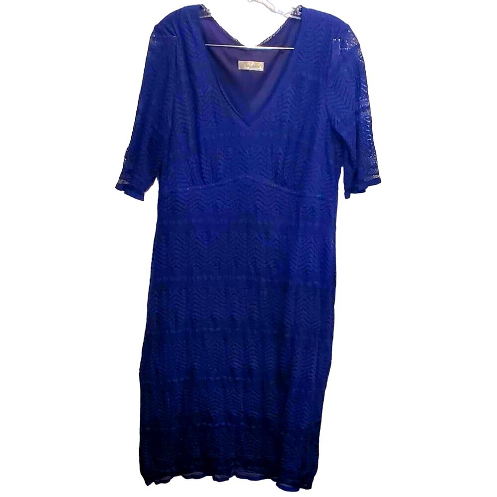 DRESSBARN Lace Overlay Blue Lined V Neck 1/2 Sleeves Knee Length Dress